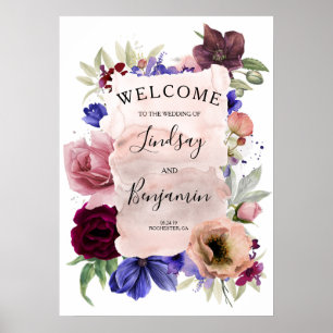 Navy Blue Blush Burgundy Weddenschap Welkomstteken Poster