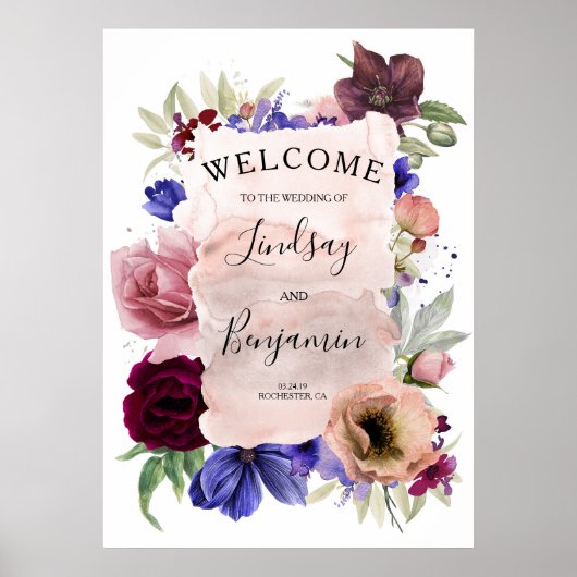 Navy Blue Blush Burgundy Weddenschap Welkomstteken Poster (Voorkant)