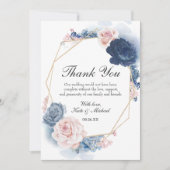 Navy Blue Blush Dusty Floral Gold Lijst Wedding Bedankkaart (Voorkant)