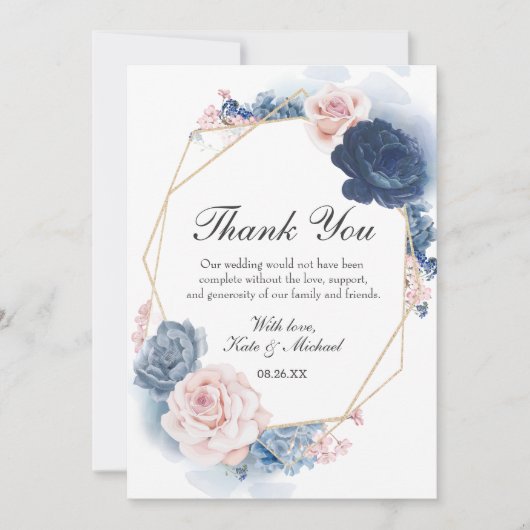 Navy Blue Blush Dusty Floral Gold Lijst Wedding Bedankkaart (Voorkant)