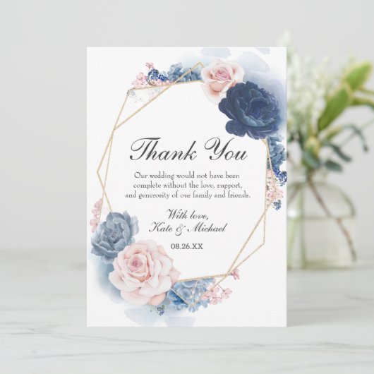 Navy Blue Blush Dusty Floral Gold Lijst Wedding Bedankkaart (Staand voorkant)