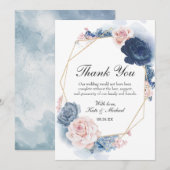 Navy Blue Blush Dusty Floral Gold Lijst Wedding Bedankkaart (Voorkant / Achterkant)