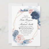 Navy Blue Blush Dusty Floral Gold Lijst Wedding Kaart (Voorkant)