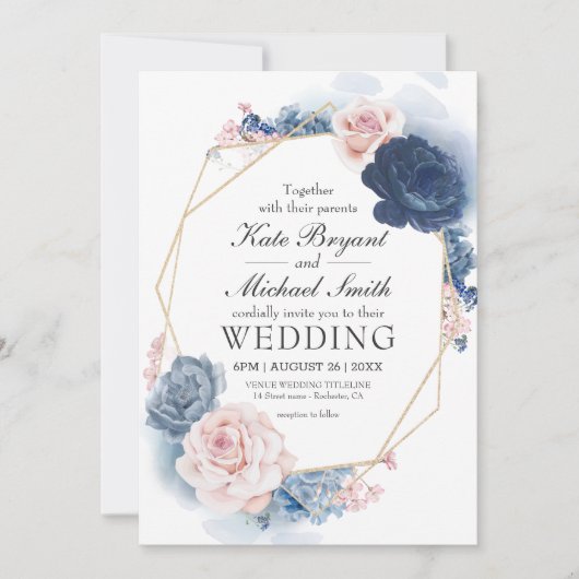 Navy Blue Blush Dusty Floral Gold Lijst Wedding Kaart (Voorkant)