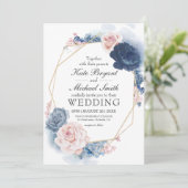 Navy Blue Blush Dusty Floral Gold Lijst Wedding Kaart (Staand voorkant)