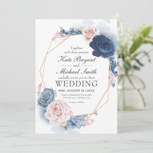 Navy Blue Blush Dusty Floral Gold Lijst Wedding Kaart (Staand voorkant)