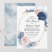 Navy Blue Blush Dusty Floral Gold Lijst Wedding Kaart (Voorkant / Achterkant)