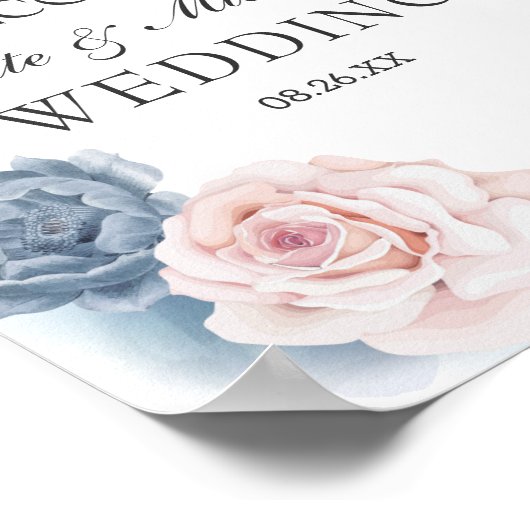 Navy Blue Blush Dusty Floral Gold Lijst Wedding Poster (Hoek)