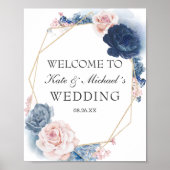 Navy Blue Blush Dusty Floral Gold Lijst Wedding Poster (Voorkant)