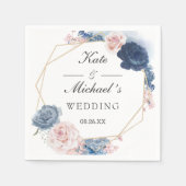 Navy Blue Blush Dusty Floral Gold Lijst Wedding Servet (Voorkant)