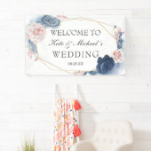 Navy Blue Blush Dusty Floral Gold Lijst Wedding Spandoek (Insitu)