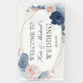 Navy Blue Blush Dusty Floral Gold Lijst Wedding Spandoek (Verticaal)
