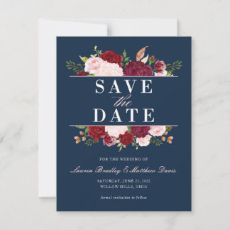 Navy Blue, Blush en Burgundy Floral Waterverf Save The Date