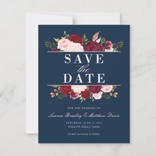 Navy Blue, Blush en Burgundy Floral Waterverf Save The Date (Voorkant)