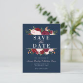 Navy Blue, Blush en Burgundy Floral Waterverf Save The Date (Staand voorkant)