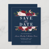 Navy Blue, Blush en Burgundy Floral Waterverf Save The Date (Voorkant / Achterkant)