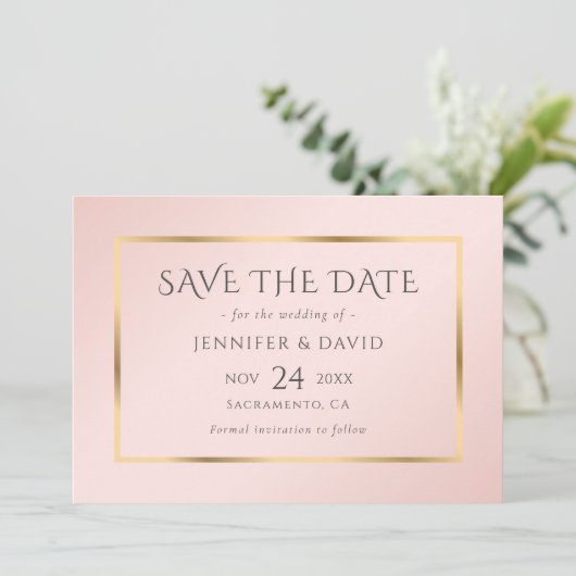Navy Blue Blush en Gold Wedding Save the Date (Staand voorkant)