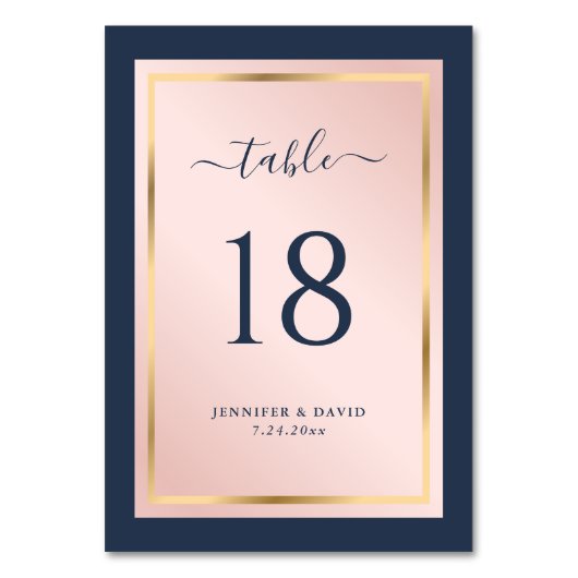 Navy Blue Blush en Gold Wedding Table Number Kaart (Voorkant)
