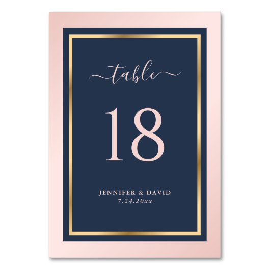 Navy Blue Blush en Gold Wedding Table Number Kaart (Voorkant)
