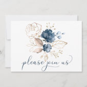 Navy Blue Blush en Gouden Waterverf Bloemen Huweli Kaart (Voorkant)