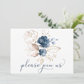 Navy Blue Blush en Gouden Waterverf Bloemen Huweli Kaart (Staand voorkant)