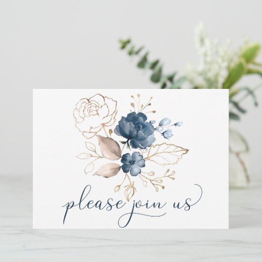 Navy Blue Blush en Gouden Waterverf Bloemen Huweli Kaart (Staand voorkant)