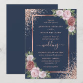 Navy Blue Blush en Roos Gold Glitter Wedding Kaart (Voorkant / Achterkant)