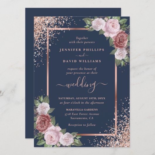 Navy Blue Blush en Roos Gold Glitter Wedding Kaart (Voorkant / Achterkant)