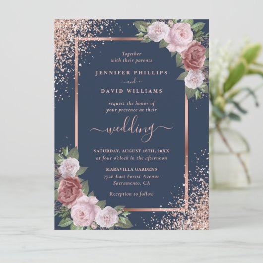 Navy Blue Blush en Roos Gold Glitter Wedding Kaart (Staand voorkant)