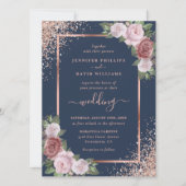 Navy Blue Blush en Roos Gold Glitter Wedding Kaart (Voorkant)