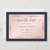 Navy Blue Blush en Roos Gold Script Weddenschap Save The Date (Voorkant)