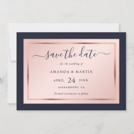 Navy Blue Blush en Roos Gold Script Weddenschap Save The Date