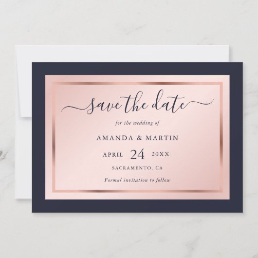 Navy Blue Blush en Roos Gold Script Weddenschap Save The Date (Voorkant)