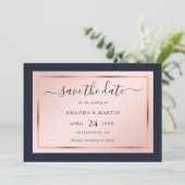 Navy Blue Blush en Roos Gold Script Weddenschap Save The Date (Staand voorkant)