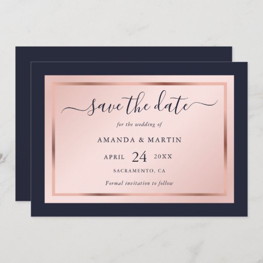 Navy Blue Blush en Roos Gold Script Weddenschap Save The Date (Voorkant / Achterkant)