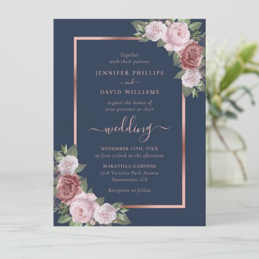 Navy Blue Blush en Roos Gold Wedding Kaart (Staand voorkant)