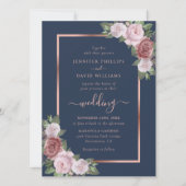 Navy Blue Blush en Roos Gold Wedding Kaart (Voorkant)