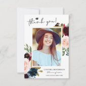 Navy Blue Blush Floral Afstuderen Foto Bedankkaart (Voorkant)