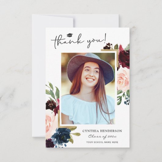 Navy Blue Blush Floral Afstuderen Foto Bedankkaart (Voorkant)