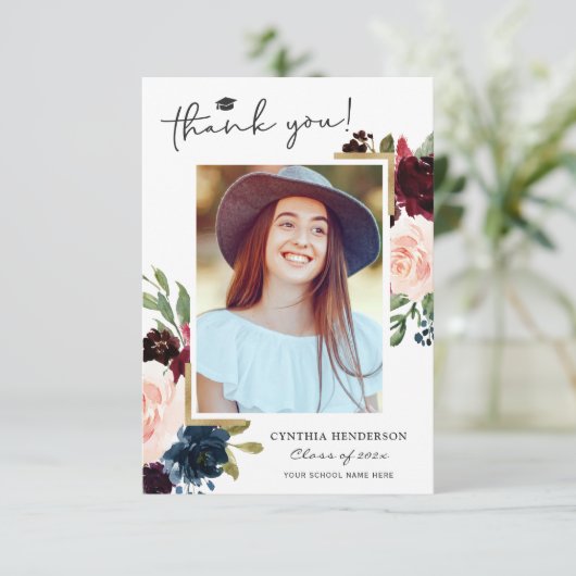 Navy Blue Blush Floral Afstuderen Foto Bedankkaart (Staand voorkant)