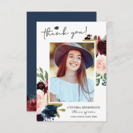 Navy Blue Blush Floral Afstuderen Foto Bedankkaart