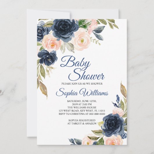Navy Blue & Blush Floral Baby shower Invitation Kaart (Voorkant)