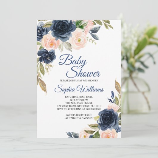 Navy Blue & Blush Floral Baby shower Invitation Kaart (Staand voorkant)
