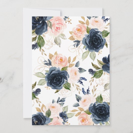 Navy Blue & Blush Floral Baby shower Invitation Kaart (Achterkant)