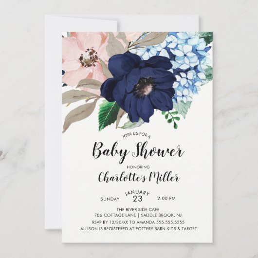Navy Blue & Blush Floral Baby shower Invitation Kaart (Voorkant)