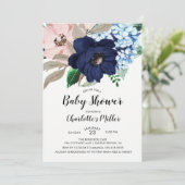 Navy Blue & Blush Floral Baby shower Invitation Kaart (Staand voorkant)