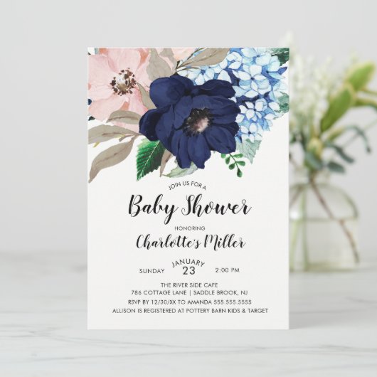 Navy Blue & Blush Floral Baby shower Invitation Kaart (Staand voorkant)