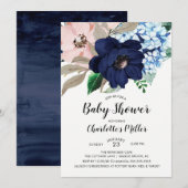 Navy Blue & Blush Floral Baby shower Invitation Kaart (Voorkant / Achterkant)
