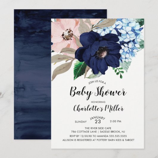 Navy Blue & Blush Floral Baby shower Invitation Kaart (Voorkant / Achterkant)