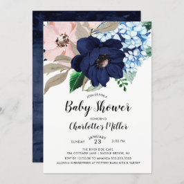 Navy Blue & Blush Floral Baby shower Invitation Kaart